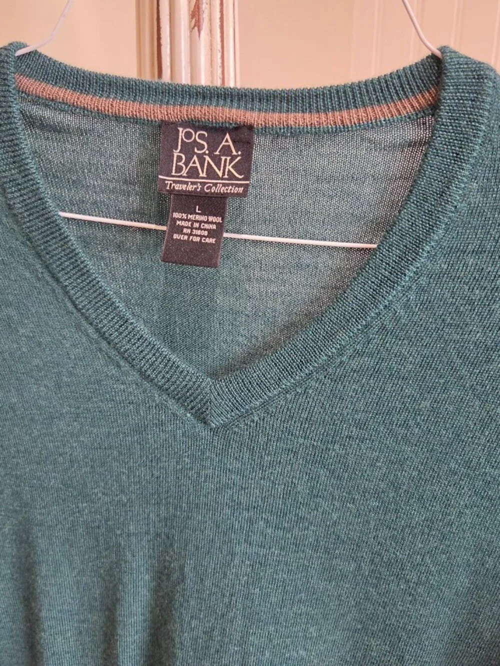 Men’s Jos. A. Bank Travelers Large Merino Wool V-Neck Pullover Sweater Green